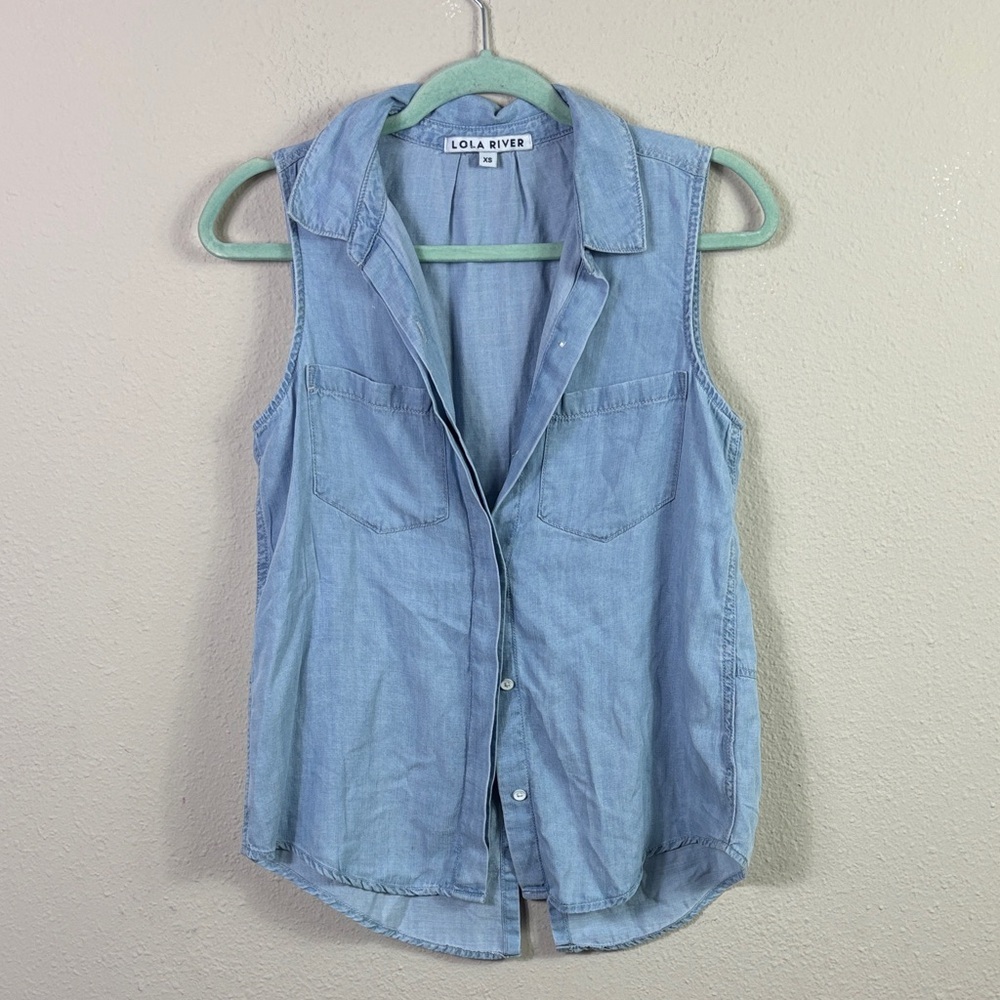 Lola River 100% Tencel Blue Denim Sleeveless Button Down‎ Shirt size XS